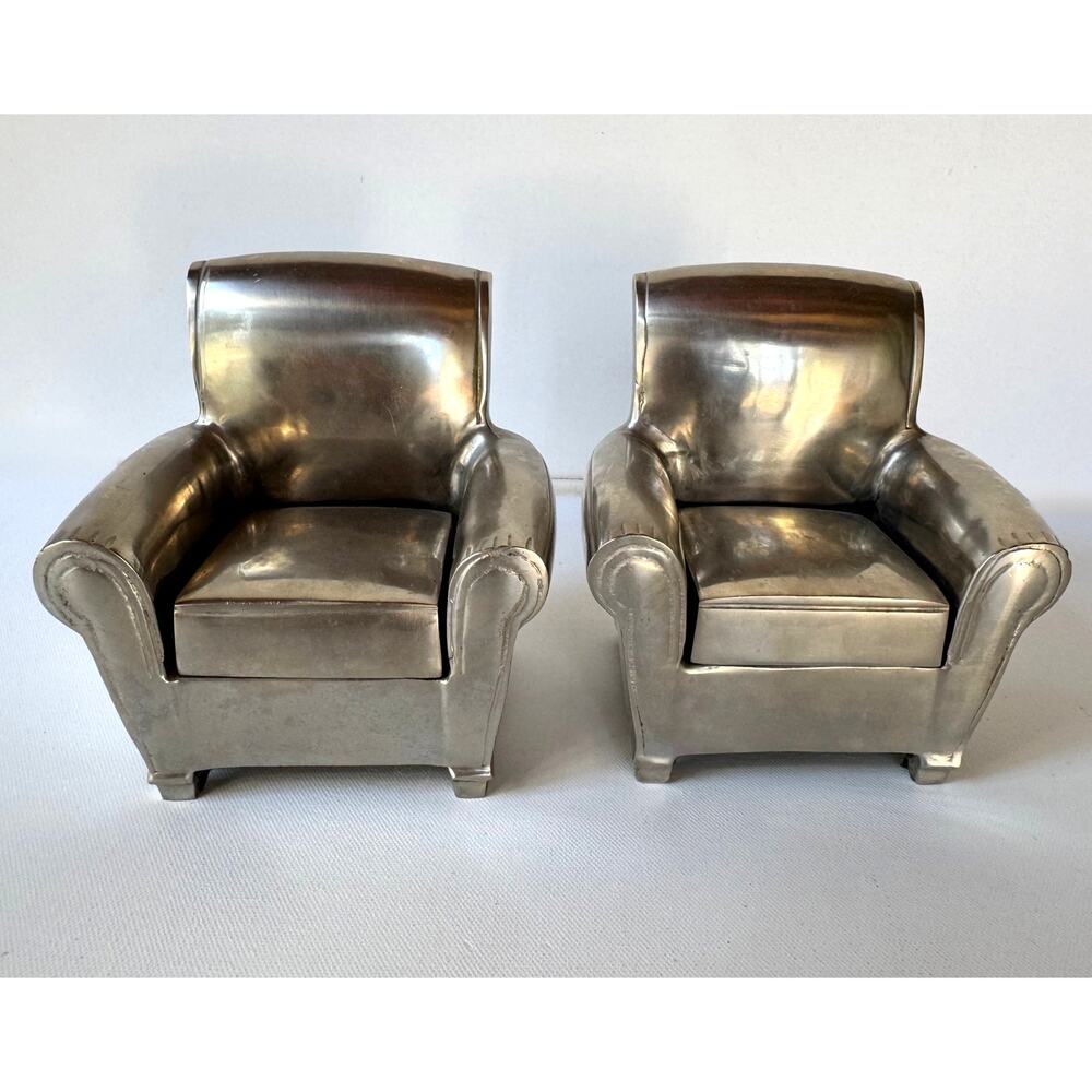 Vintage Cast Aluminum Club Chair Bookends Pair Mid Century Modern Silver Tone